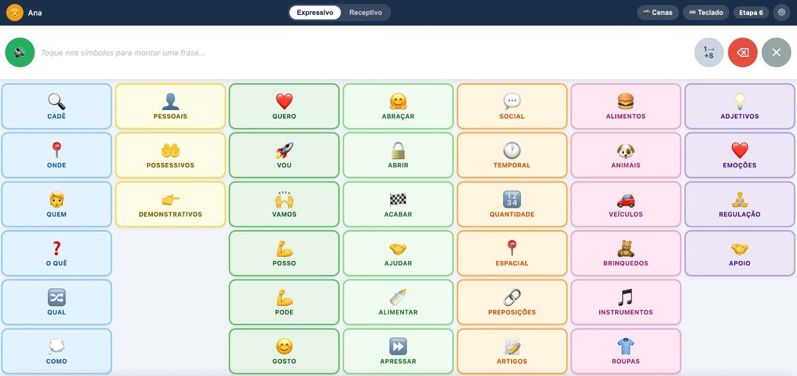 Interface do Software de Comunicação Aumentativa e Alternativa com símbolos coloridos organizados em categorias