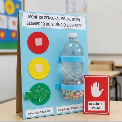 Monitor Sensorial Visual — Semáforo do Silêncio e do Foco, com garrafa sensorial e cartão de pausa